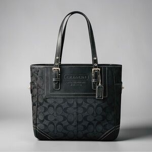 Vintage COACH Legacy Signature Black Canvas Medium Tote Bag- Leather Trim Detail